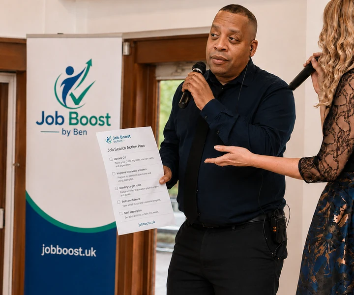 Ben presenting employability guidance with a Job Boost banner